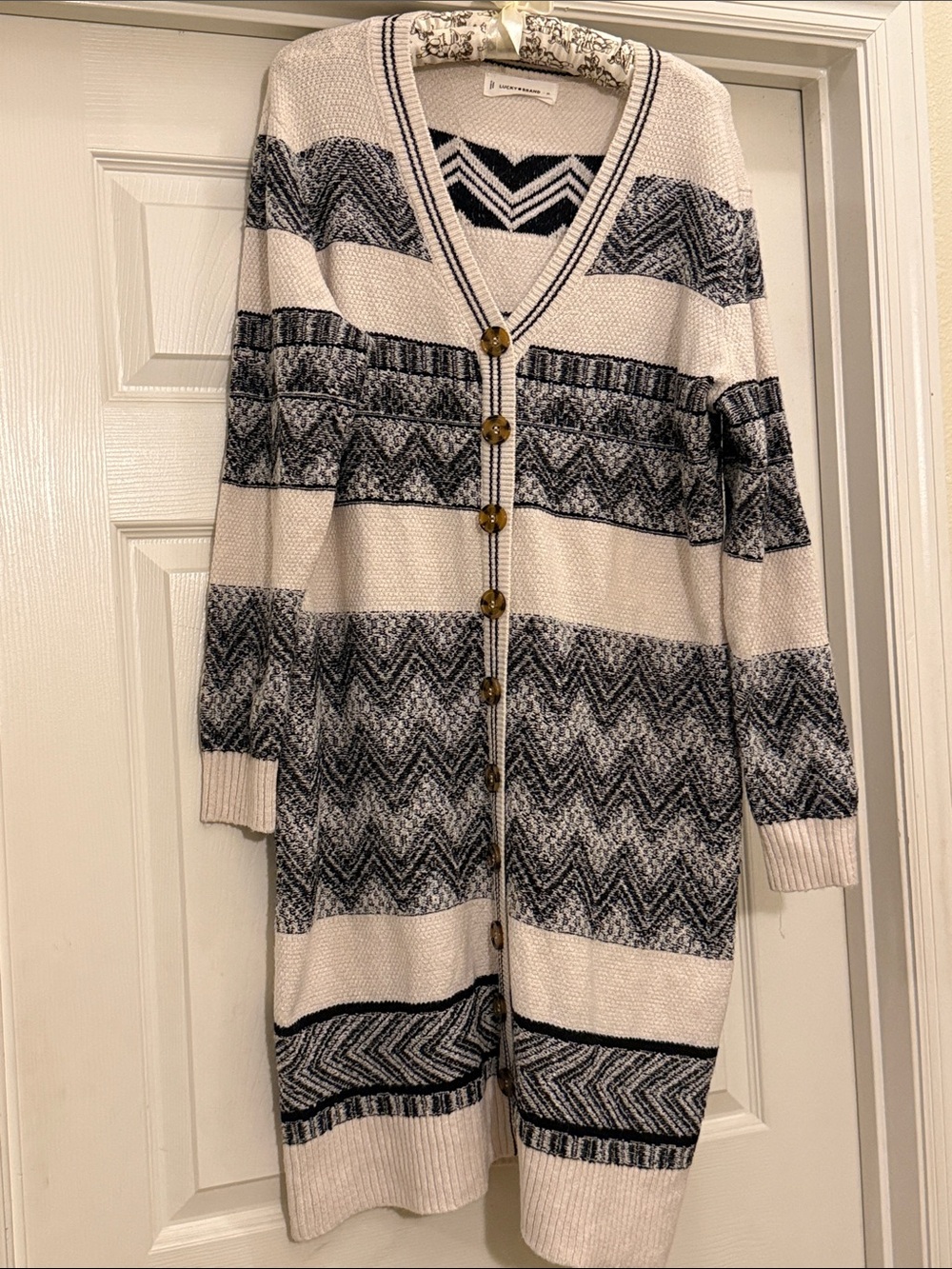 Lucky Brand Cream and Black Long Patterned Cardigan